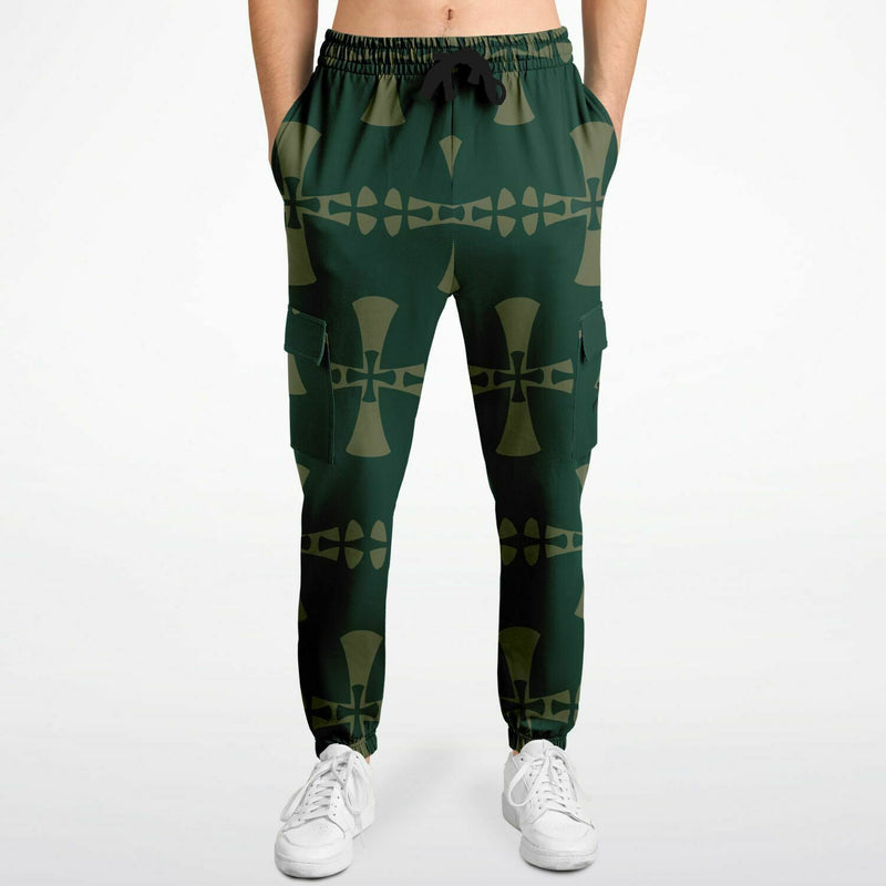 Dark Green Cargo Sweatpants-Allover Olive Green Crusaders Cross