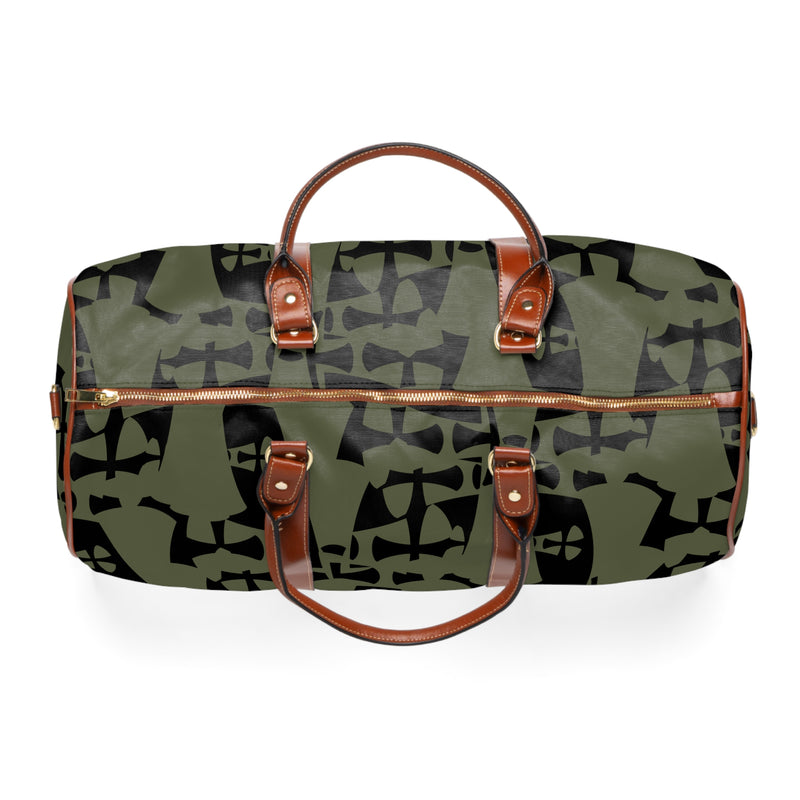 Black-Green Waterproof Travel Bag-Allover Crusader Print