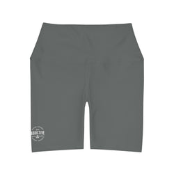 Dark grey high-waisted yoga shorts with dukiri branded logo to the left bottom