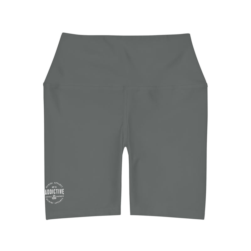 Dark grey high-waisted yoga shorts with dukiri branded logo to the left bottom