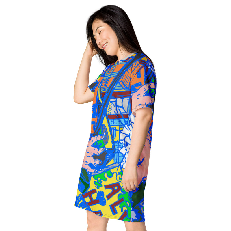 Oversized drop shoulders t-shirt dress-dream block graphic print