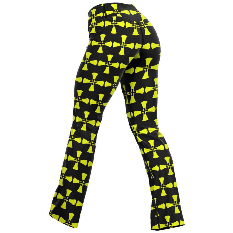 Black-Yellow Flare Leggings-Allover Crusaders Cross