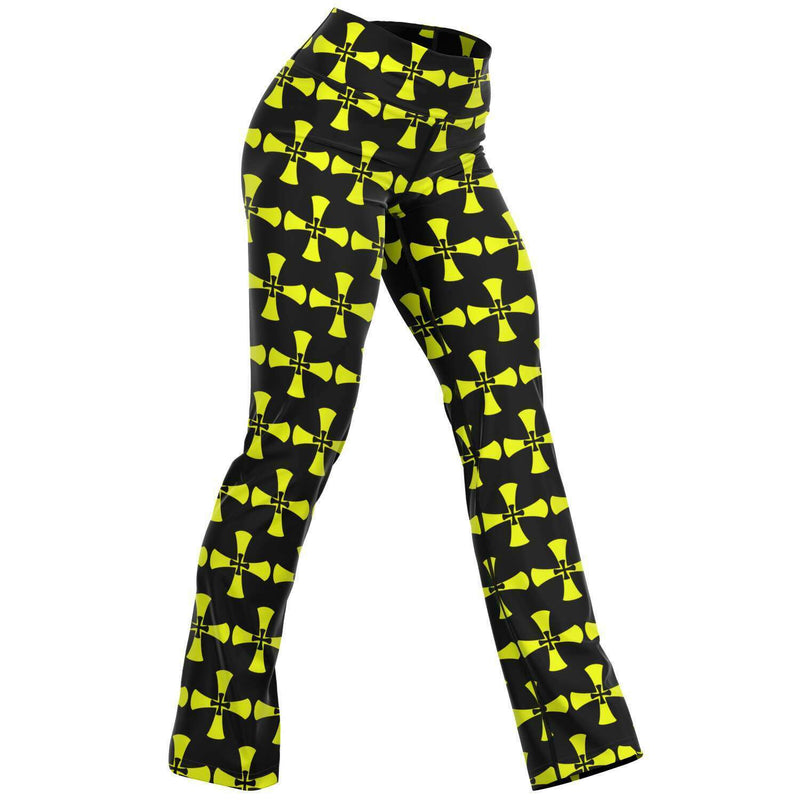 Black-Yellow Flare Leggings-Allover Crusaders Cross