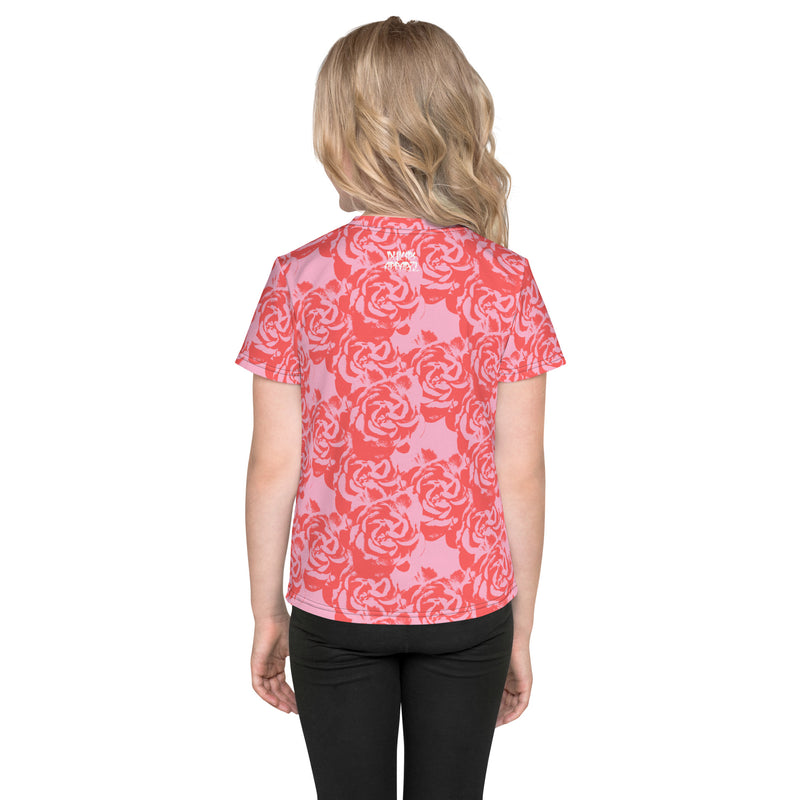 dukiri-apparel-all-over-print-kids-red-rose-pink-crew-neck-t-shirt-look-back