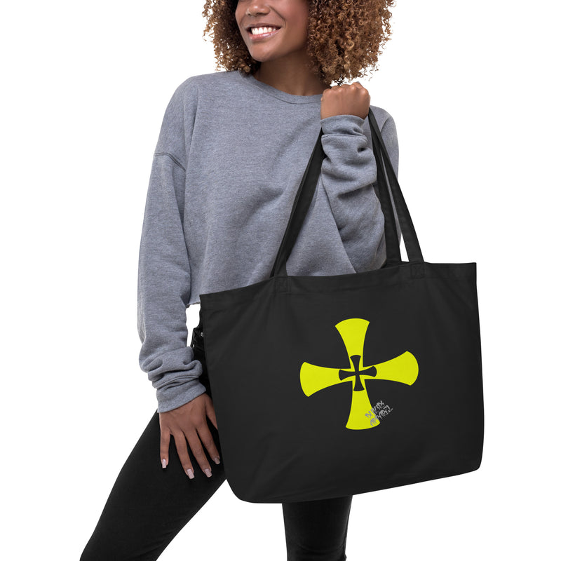 Large organic black tote bag-Yellow Crusaders Cross Prin