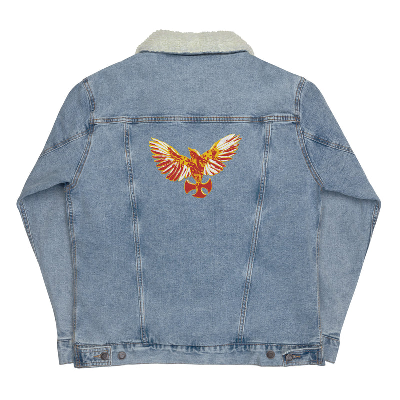 Embroidered Mockingbird light blue denim sherpa jacket