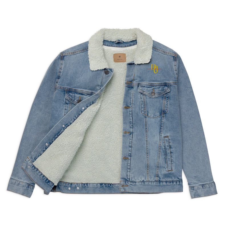 Embroidered Mockingbird light blue denim sherpa jacket