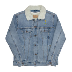 Embroidered Mockingbird light blue denim sherpa jacket