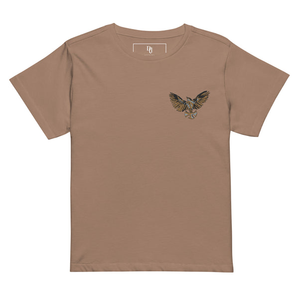 Latte Women’s high-waisted t-shirt-Embroidered Mocking Bird