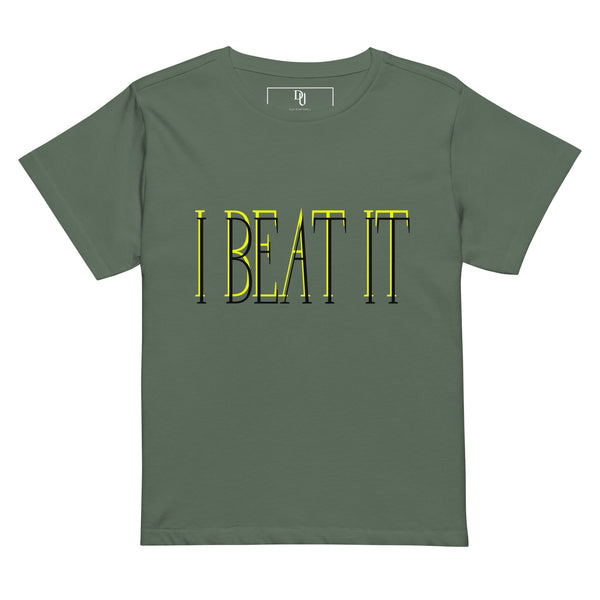 Pine Green Women’s high-waisted t-shirt-Embroidered "I Beat it" Print