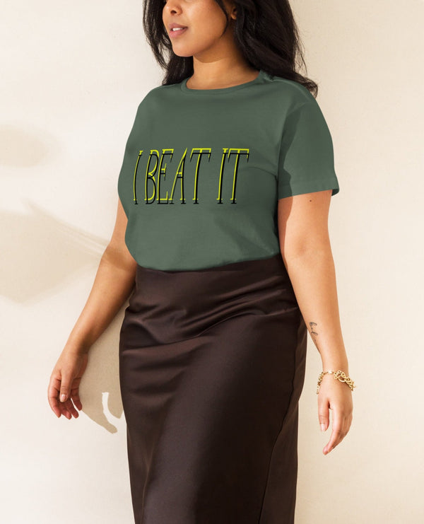 Pine Green Women’s high-waisted t-shirt-Embroidered "I Beat it" Print