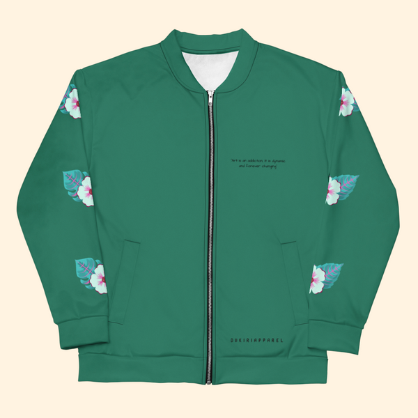 a green jacket with flowers on the sleeves